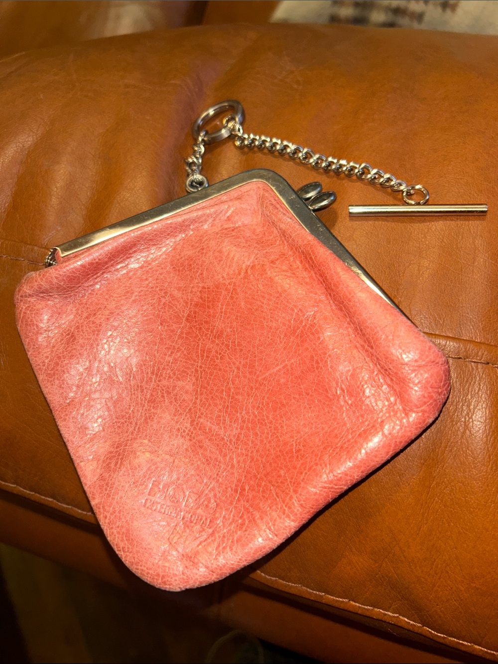 HOBO Coral Pink Leather Kiss-Lock Coin Purse with Chain